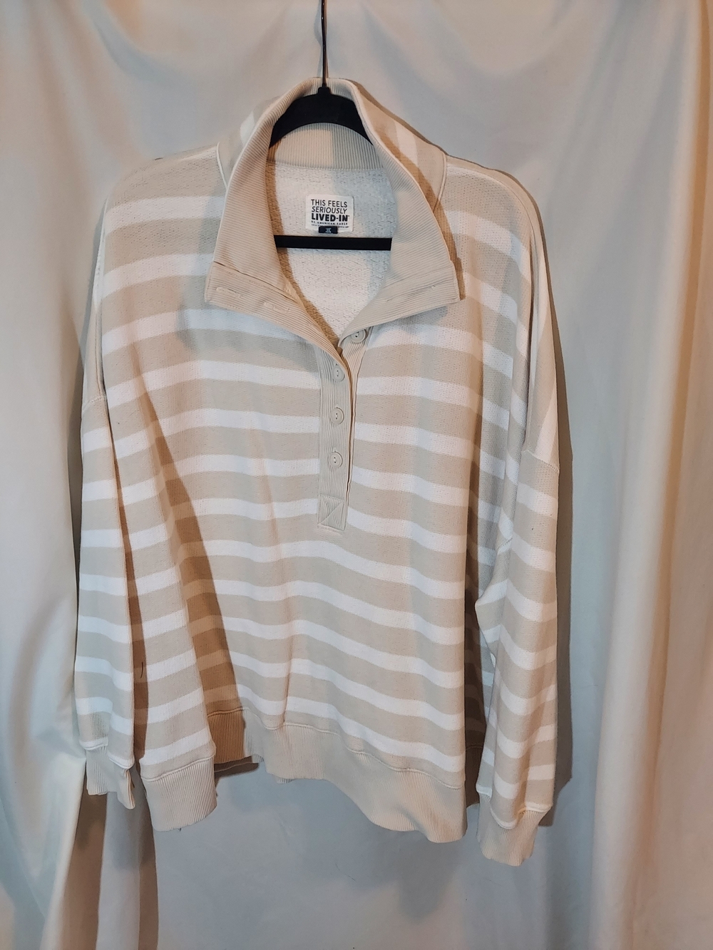 American Eagle Outfitters Beige & White Striped Super Soft Henley Pullover - Picture 1 of 8